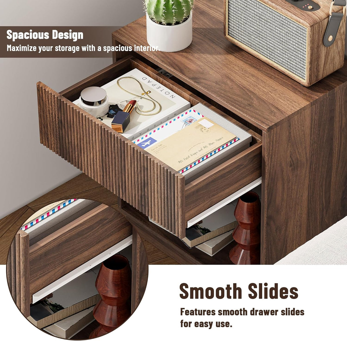 Fluted Nightstands Set of 2, Modern Bedside Table with Storage Drawer and Open Wood Shelf, Wood End Table Mid Century Night Stands for Bedroom Living Room Sofa Couch Office Walnut Brown