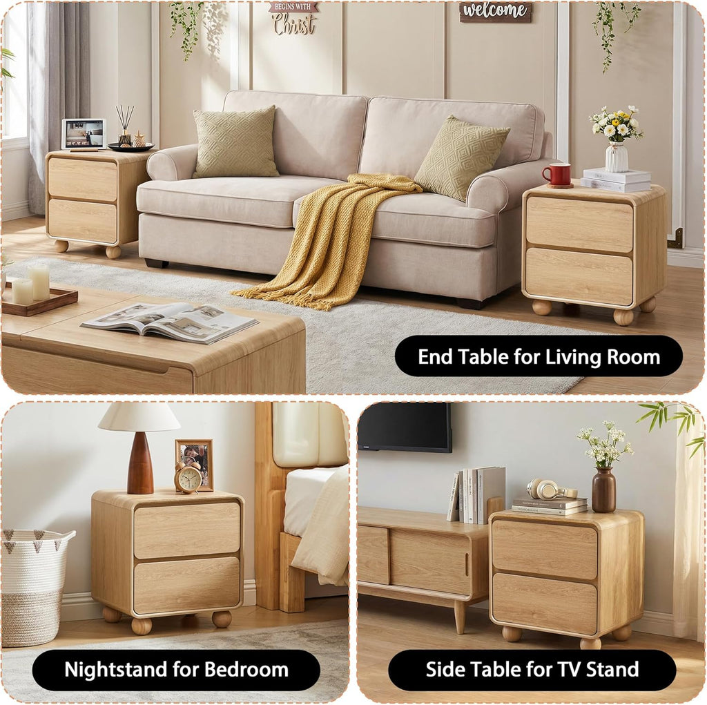 Small Night Stand Set of 2, Mid Century Modern Nightstands with 2 Drawers and Solid Wood Legs, 2 Drawer Dresser Curved Profile Design End Table Side Table for Small Space, Dorm, Bedroom(Natural)