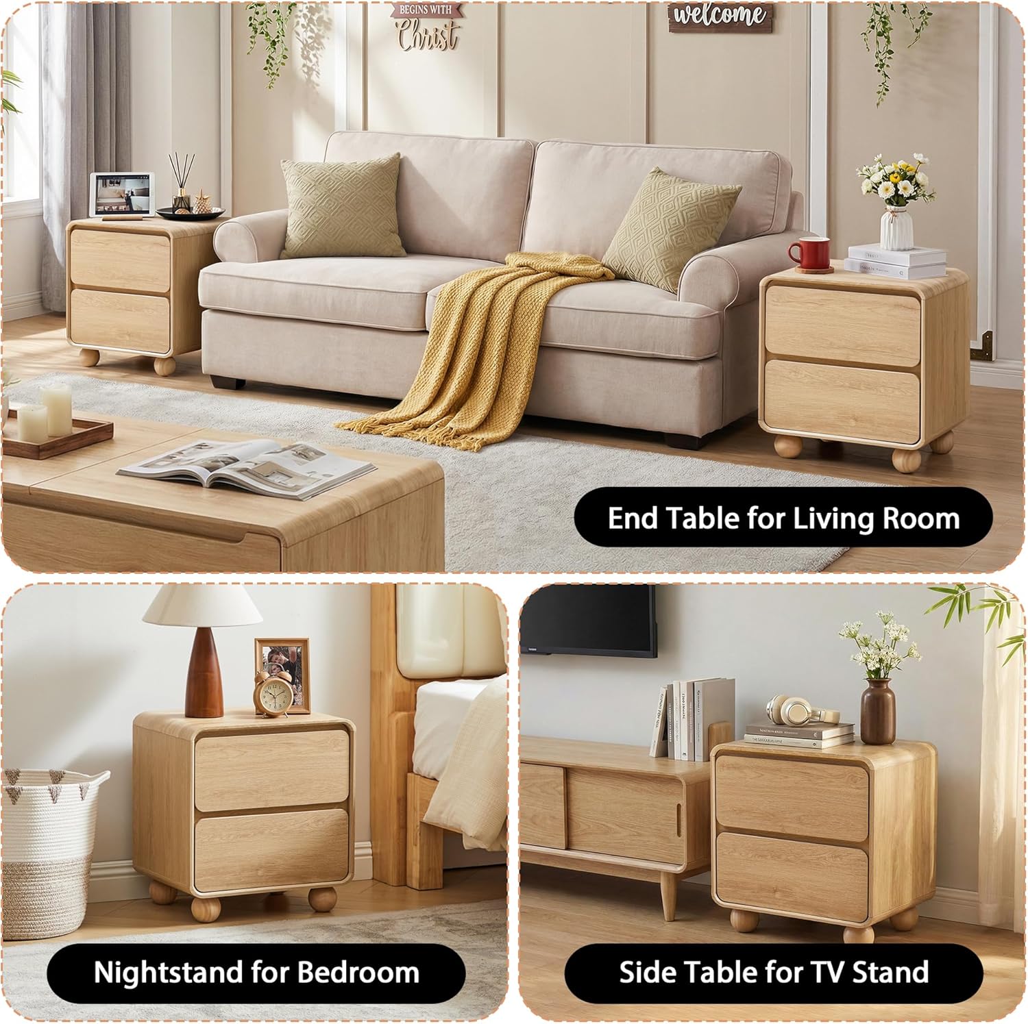 Small Night Stand Set of 2, Mid Century Modern Nightstands with 2 Drawers and Solid Wood Legs, 2 Drawer Dresser Curved Profile Design End Table Side Table for Small Space, Dorm, Bedroom(Natural)