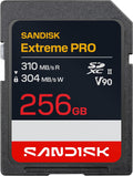 SANDISK 256GB Extreme PRO SD UHS-II V90 Memory Card - Up to 310MB/s Read speeds, up to 304MB/s Write speeds, 8K, IP68 Water and dust Resistant - SDSDXDE-256G-GN4IN