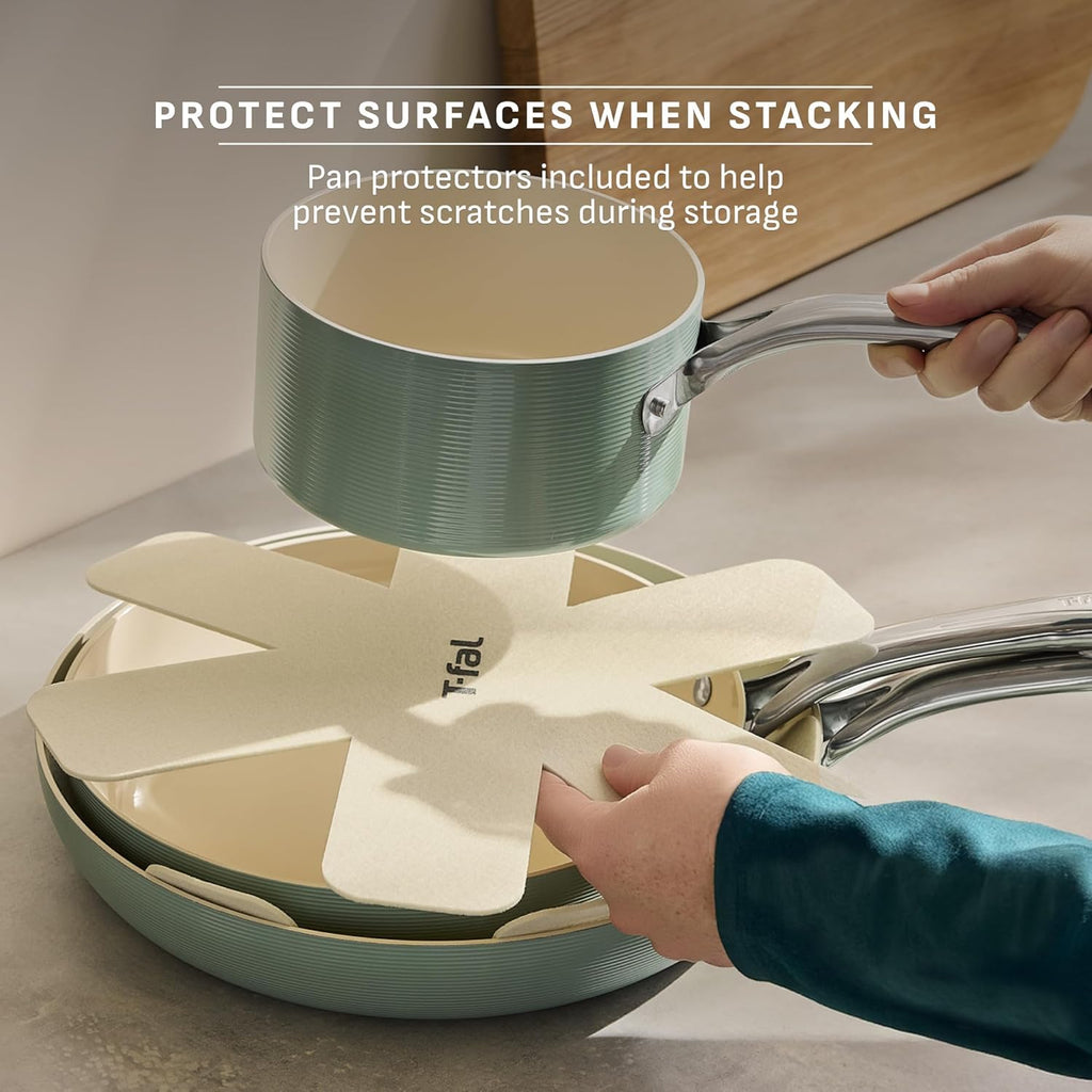 T-Fal Inspire Ceramic Nonstick Cookware Set, 10-Piece, Oven Safe to 500°F, Stockpot, Ceramic Pots and Pans Set, Frying Pans, Saucepans, Pan Protectors, Mint Green
