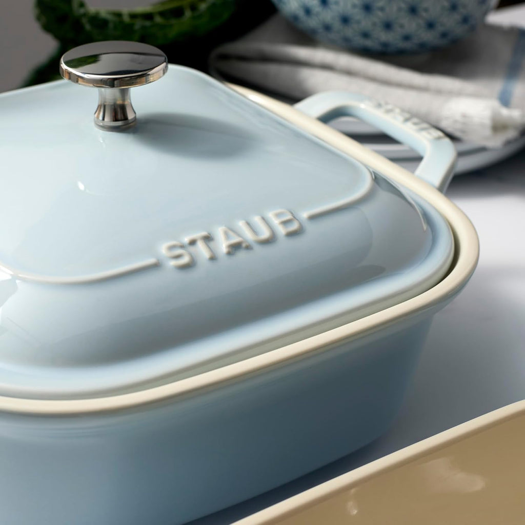 Staub Ceramic 4-pc Baking Pans Set, Casserole Dish with Lid, Brownie Pan, Light Blue