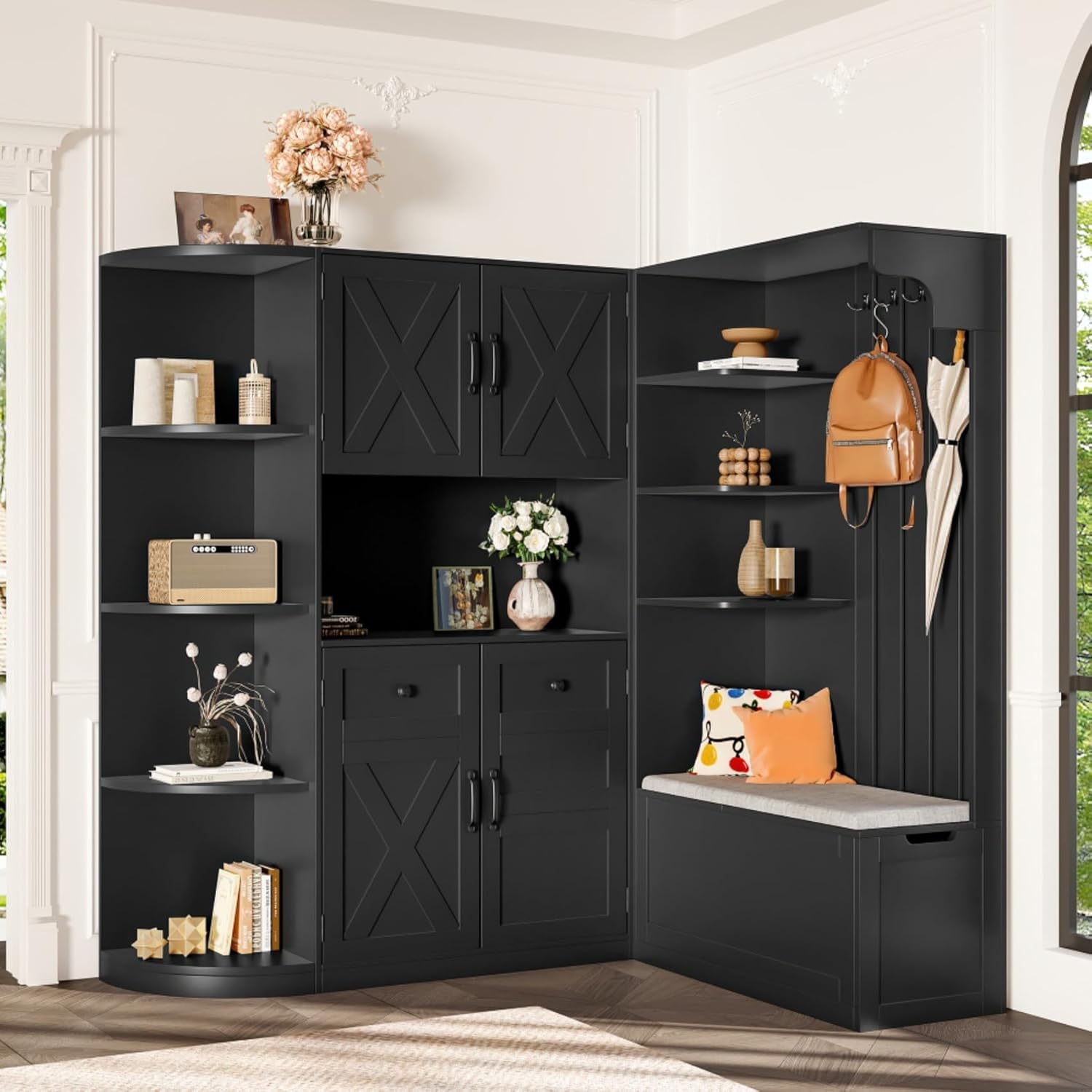 Multifunctional Left-Right Combination Hall Cabinet, Hall Tree with Storage and 4 Hooks, Storage Cabinet for Living Room, Kitchen and Hallway, Black