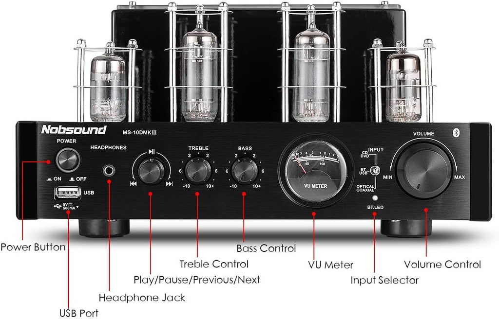 Nobsound MS-10D MKIII HiFi Bluetooth Hybrid Tube Power Amplifier Stereo Subwoofer Amp USB/Opt/Coax