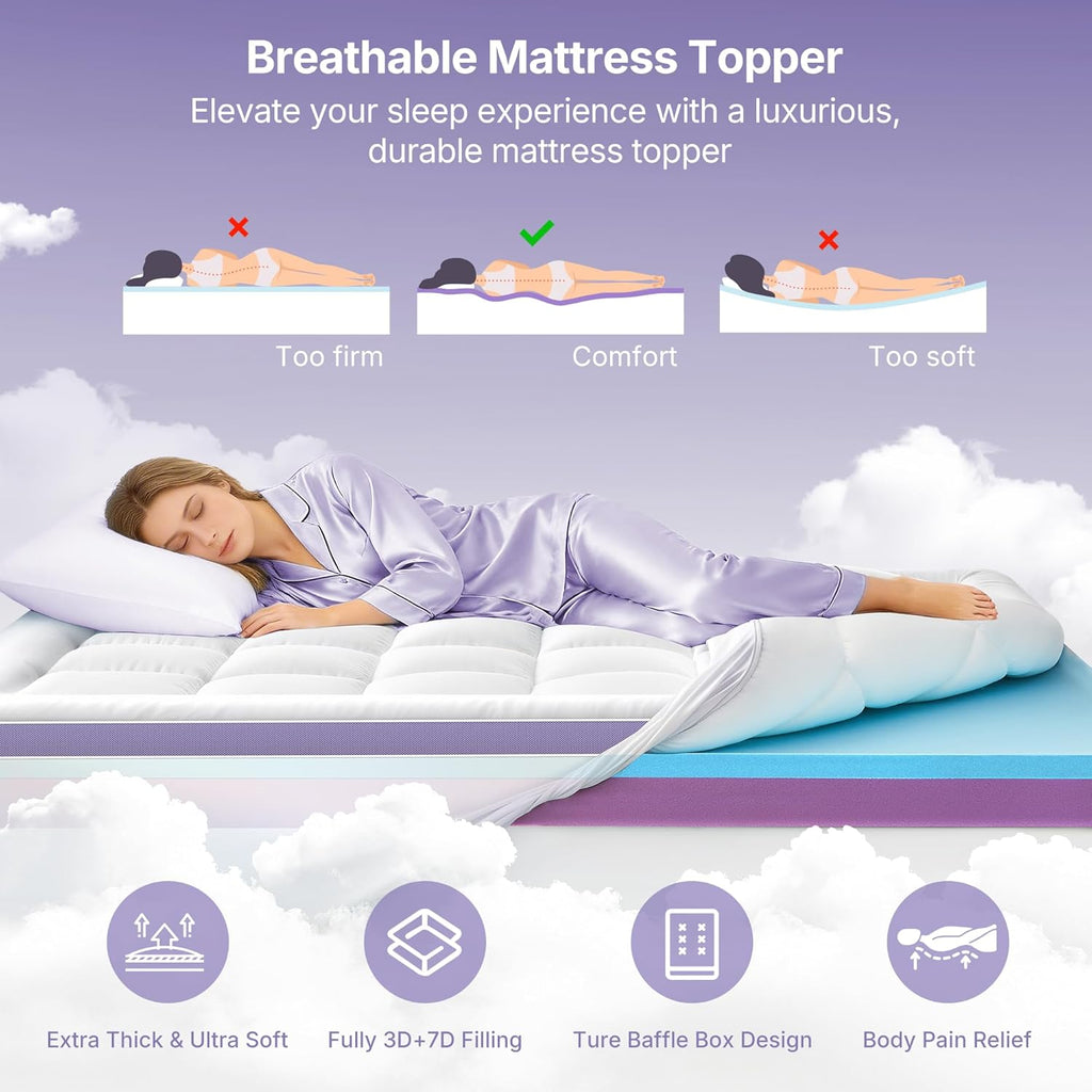 5 Inch Dual Layer Memory Foam Queen Mattress Topper - 2'' Pillow Top Mattress Pad for Back Pain and 2'' Support Foam & 1'' Cooling Gel Memory Foam, Extra Thick Medium Support Bed Topper