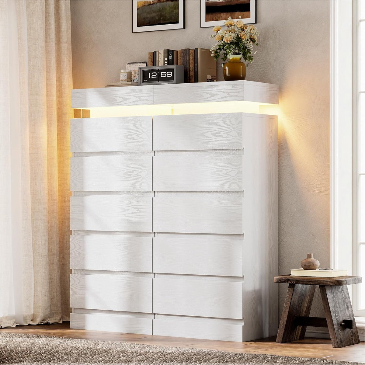 LIKIMIO 54" Tall 5 Drawer Dresser for Bedroom, White Dresser with LED Light and Power Outlet, Wooden Modern Chest of Drawers for Living Room, Entryway, Hallway