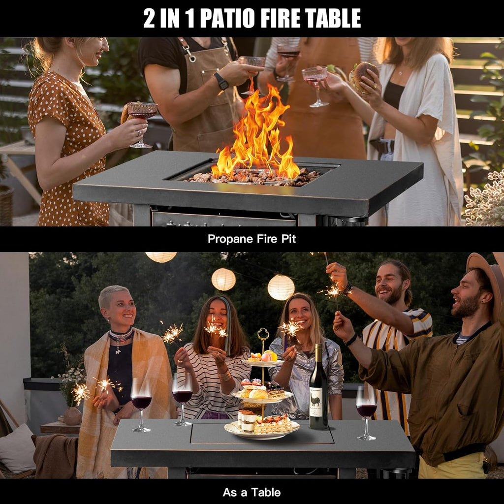 OutVue 32 Inch Propane Fire Pit Table, Outdoor Gas Fire Pits with 2 Drink Holders, Lid & Lava Rock, 50000 BTU Firepit Table for Dinning, Party in Outside, Patio, Garden or Yard