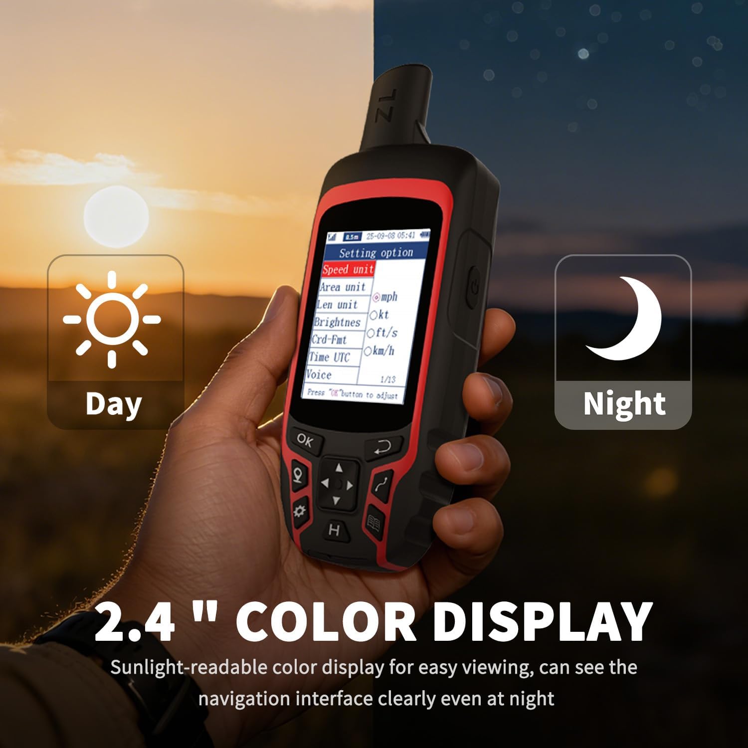 A6 Handheld GPS for Hiking, Rugged Waterproof GPS Navigator with 20 Hrs of Battery Life, 2 Navigation Mode, 2.4" Color Display and GPS Compass, Moon Phase Information