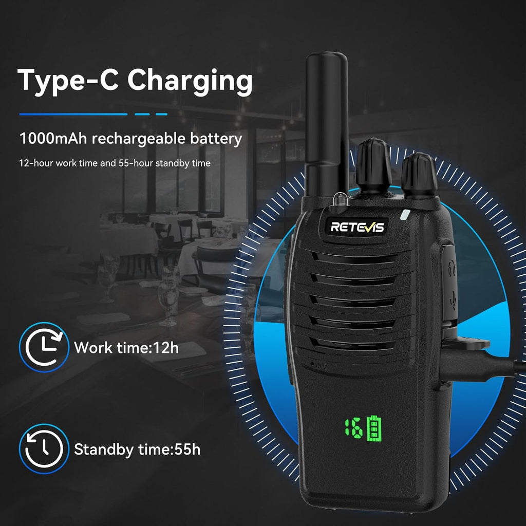 Retevis H-777H Walkie-Talkies with 6 Way Gang Charger,2 Way Radios with Earpiece,Hidden LED Segment Displays,Flashlight,USB-C,VOX,Portable FRS Two-Way Radios for Retail Property Church Hotel(6 Pack)