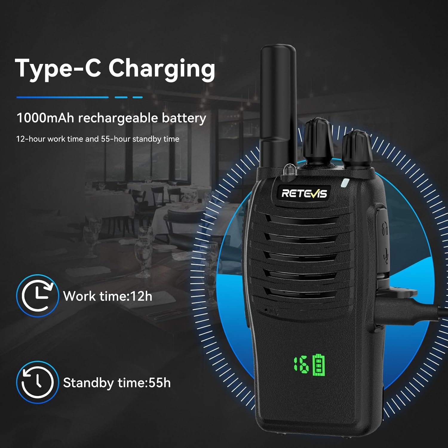 Retevis H-777H Walkie-Talkies with 6 Way Gang Charger,2 Way Radios with Earpiece,Hidden LED Segment Displays,Flashlight,USB-C,VOX,Portable FRS Two-Way Radios for Retail Property Church Hotel(6 Pack)