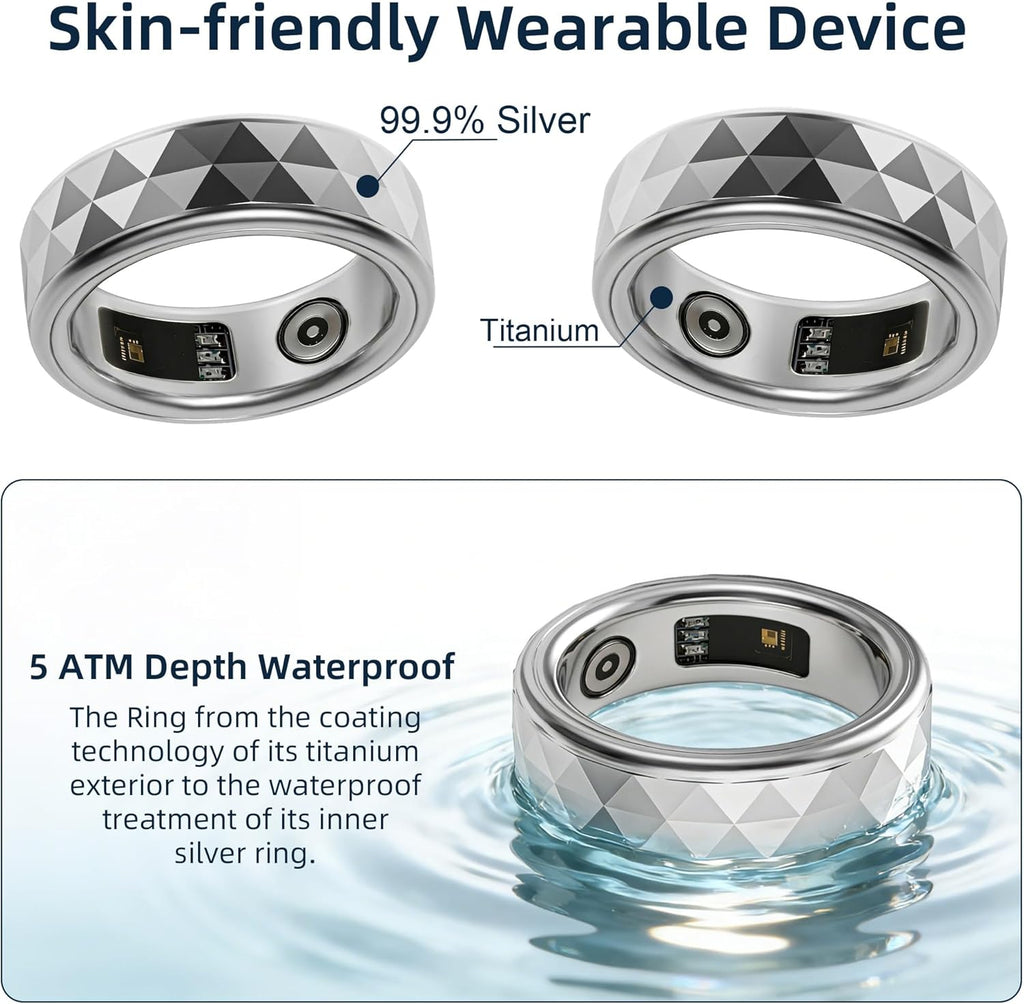 Smart Ring for Women & Men, Fitness Tracker Silver Rings with Heart Rate, Blood Oxygen, Sleep & Step Counting, Waterproof, No Subscription Fee, 24H Wearable Health Tracker