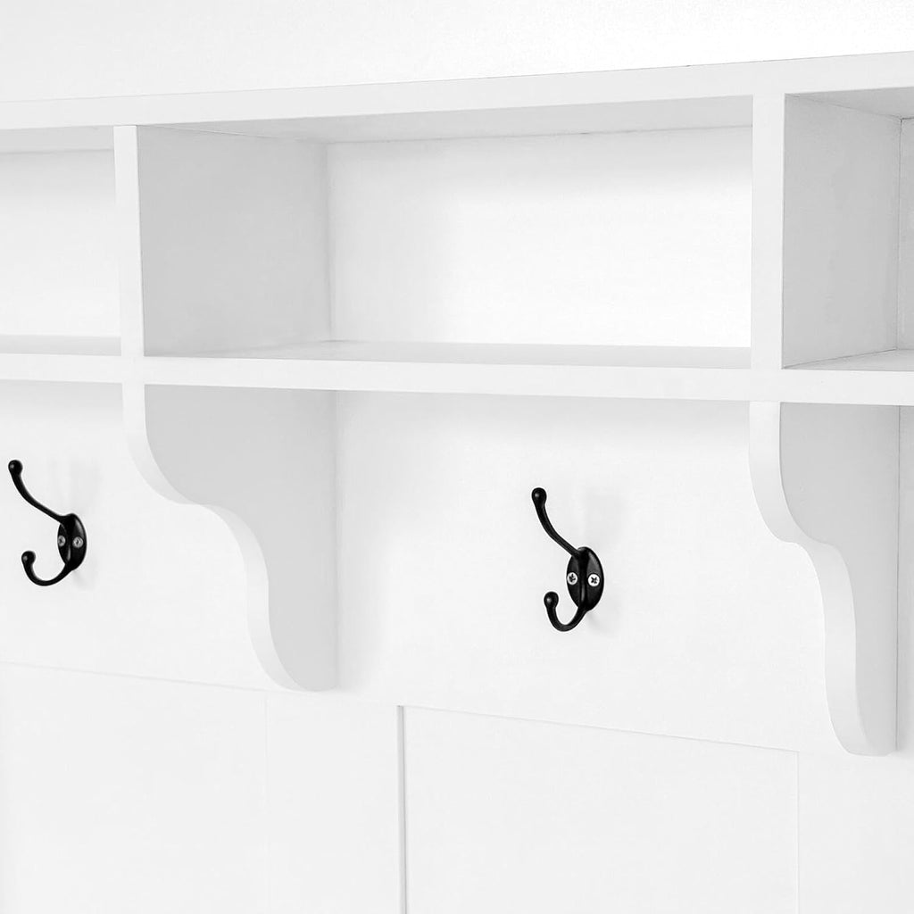 Hall Tree with Bench Shoe Storage Entryway Coat Rack 47.2'' Wide Multi-Functional 3 Hanging Hooks Open Space Rectangle Shelves Farmhouse Boho Furniture Organizer Hallway