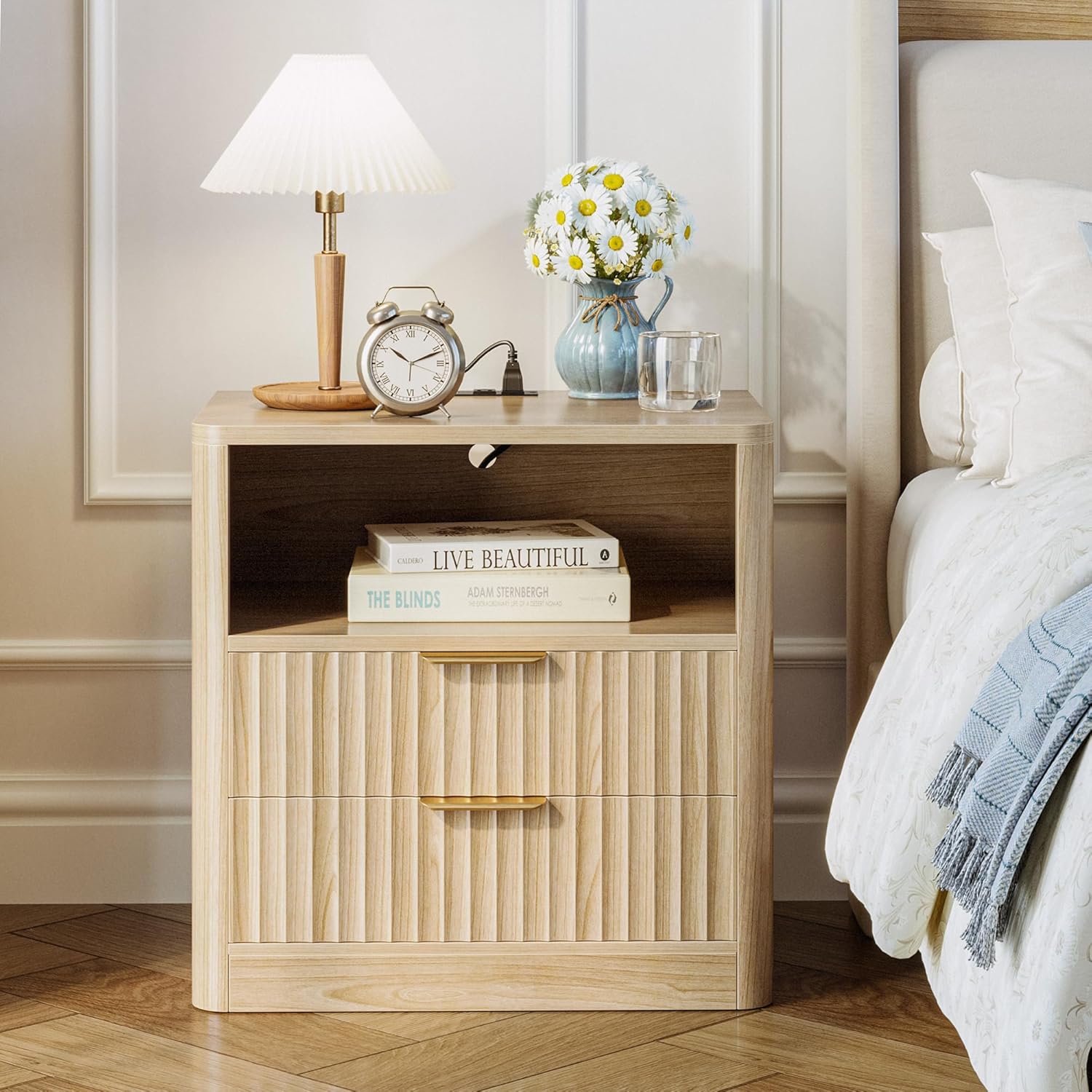 IRONCK Fluted Night Stand Set of 2, Modern Nightstand with Charging Station, Drawers and Open Shelves - Bedside Table Wood Side Table Set for Bedroom, Oak