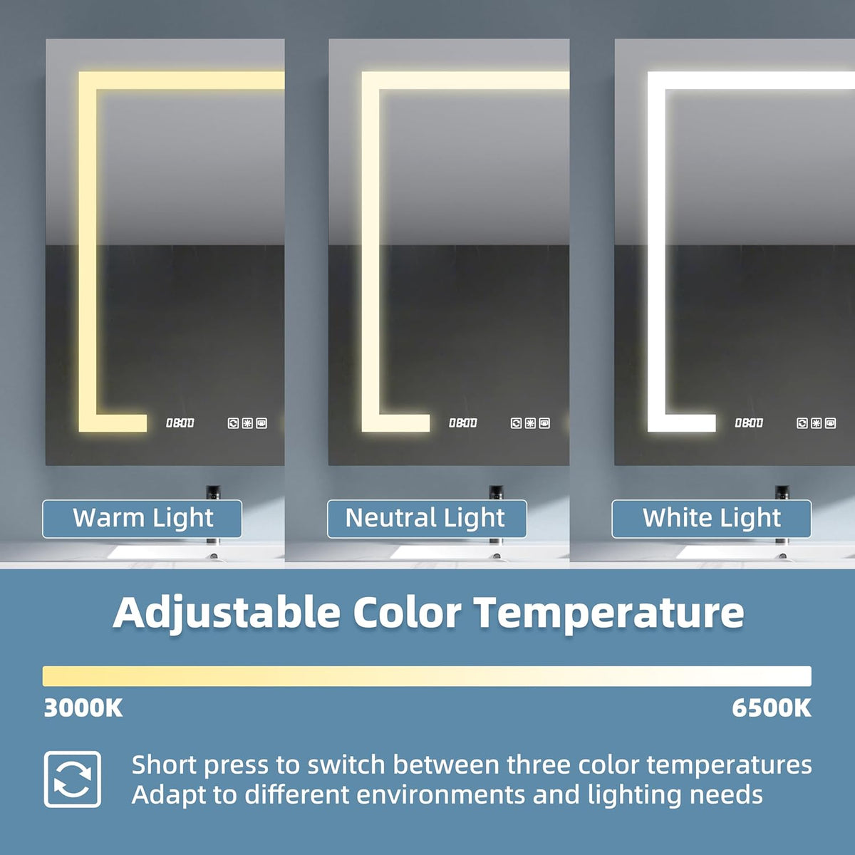 LED Medicine Cabinet Mirror, 24x30 Inch Bathroom Storage, Recessed/Wall Mount, Plug-in/Hardwired, 3 Color Dimmable Light, Anti-Fog, Time Temp Display, Left Hinge