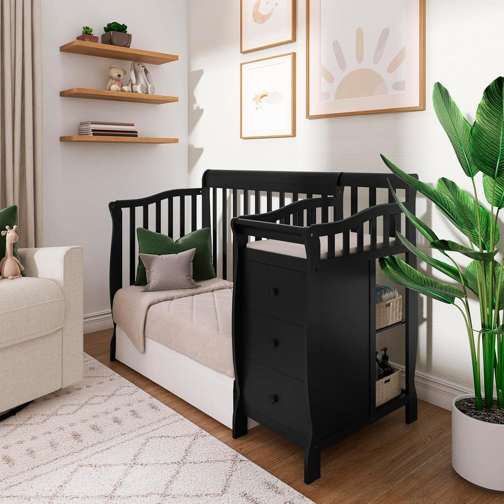 Dream On Me Jayden 4‑in‑1 Mini Convertible Baby Crib & Changer with Storage in Black, Pinewood, GreenGuard Gold & BSA, 1” Mattress Pad, 3 Mattress Heights, Converts to Mini Day & Twin-Size Bed