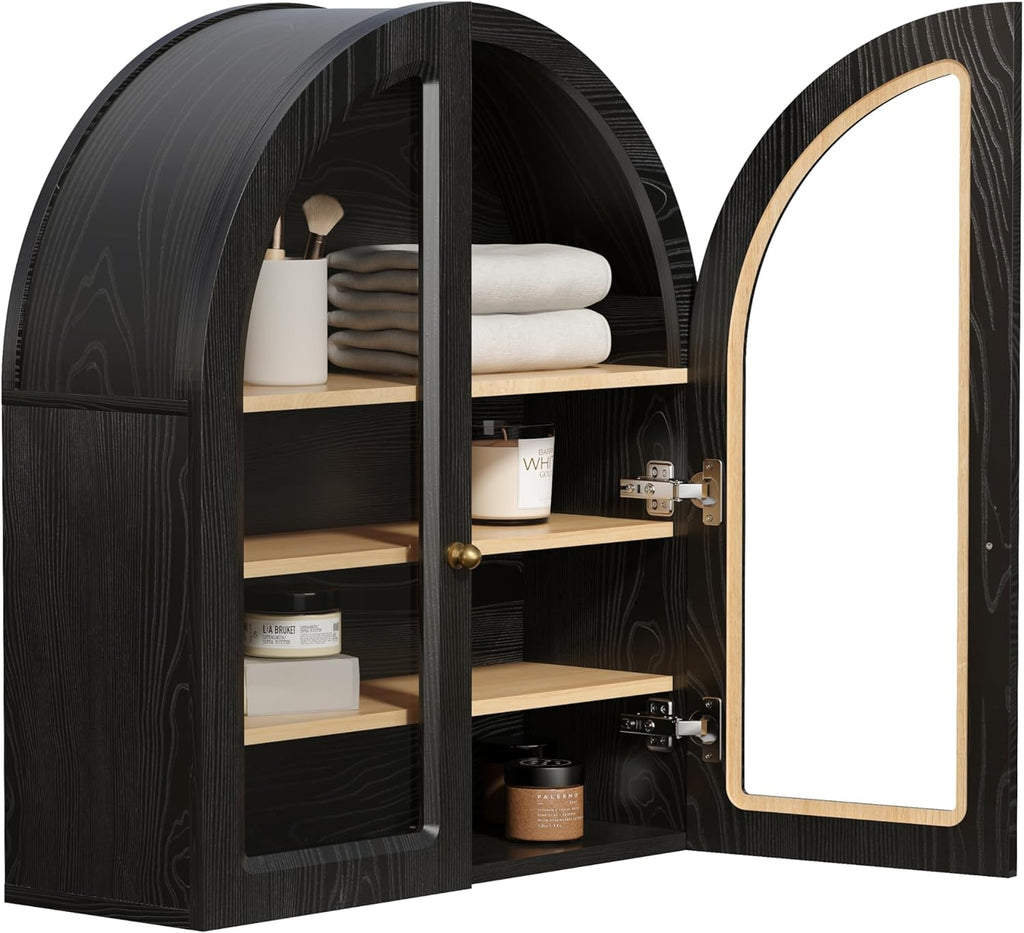 EYYTHUNG Arched Wall Cabinet, Large Bathroom Medicine Cabinet Wall Mounted Cupboard, Modern Floating Storage Cabinet with Acrylic Door Adjustable Shelf, Wood Organizer (Black-Oak)