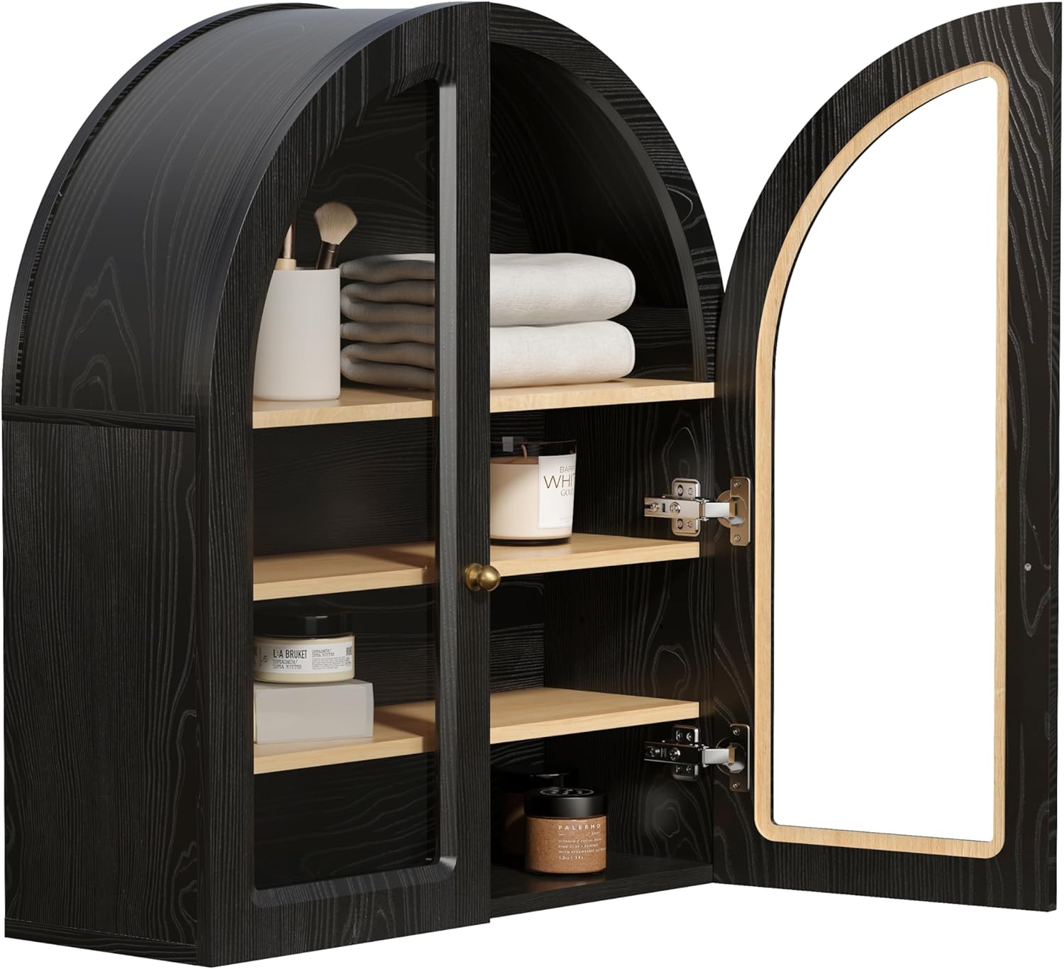 EYYTHUNG Arched Wall Cabinet, Large Bathroom Medicine Cabinet Wall Mounted Cupboard, Modern Floating Storage Cabinet with Acrylic Door Adjustable Shelf, Wood Organizer (Black-Oak)