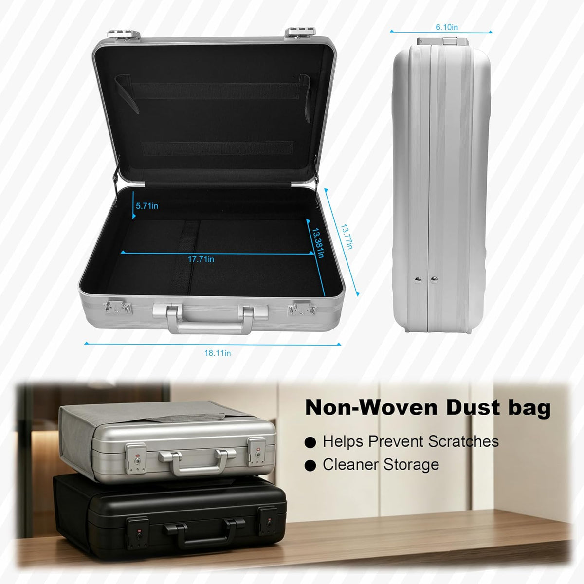 Aluminum Storage Case with Customizable Foam, 3-in-1 Modular Interior, Professional Briefcase with TSA Locks