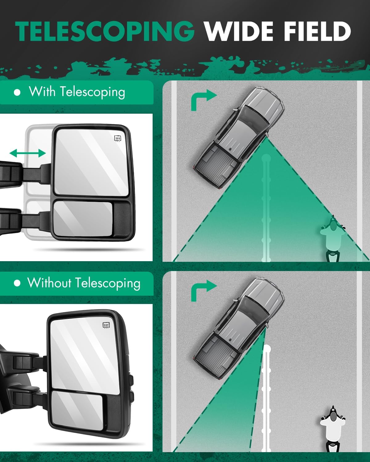 Towing Mirror for Ford for F250 for F350 for F450 for F550 Super Duty Power Heated Driver and Passenger Side Smoke Turn Signal Lights 2008 2009 2010 2011 2012 2013 2014 2015 2016