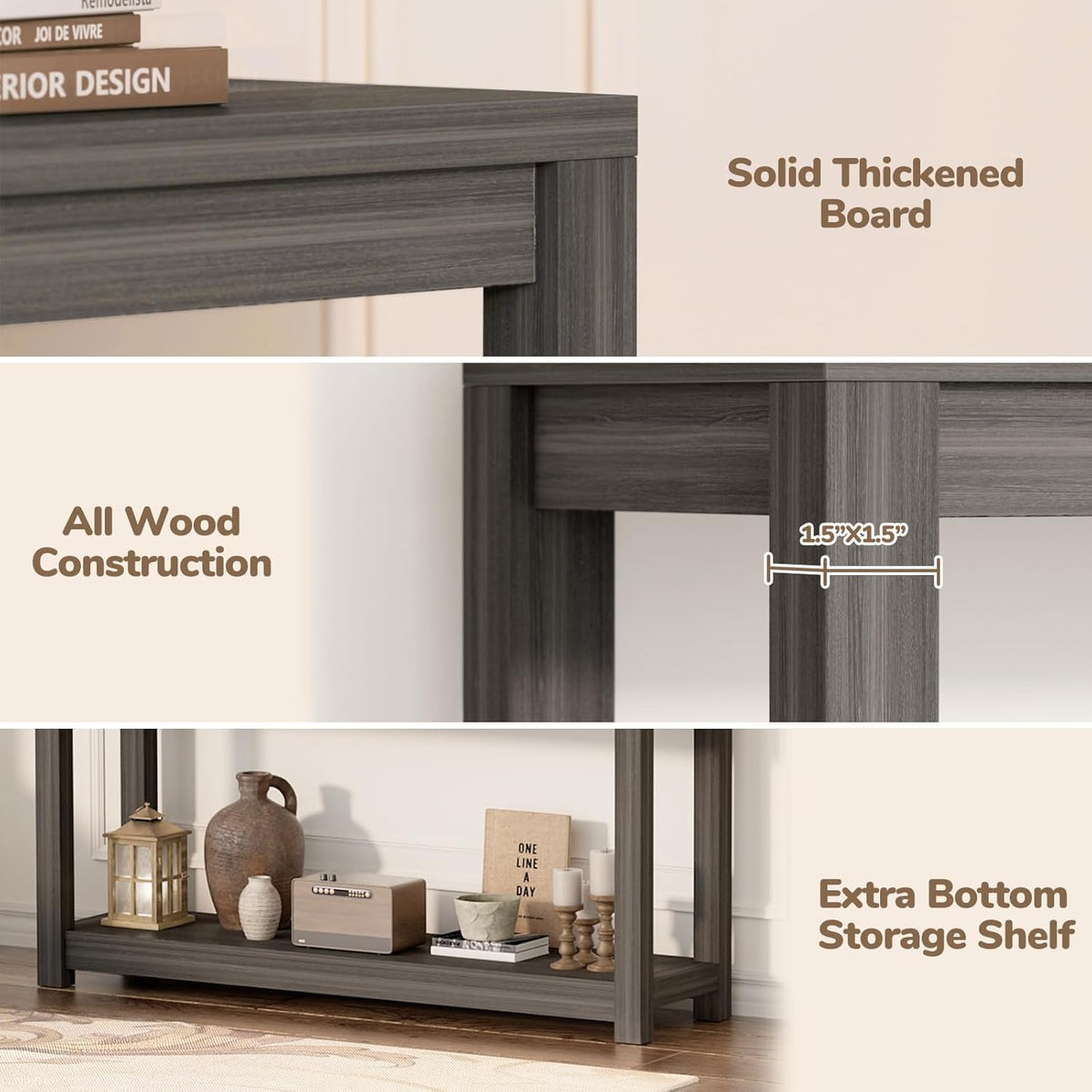 Besiost 47" Farmhouse Wood Entryway Table Narrow Console Table with Storage Behind Couch Sofa Table with Shelves Entry Way Table with Open Storage, Easy Assembly, Grey Walnut