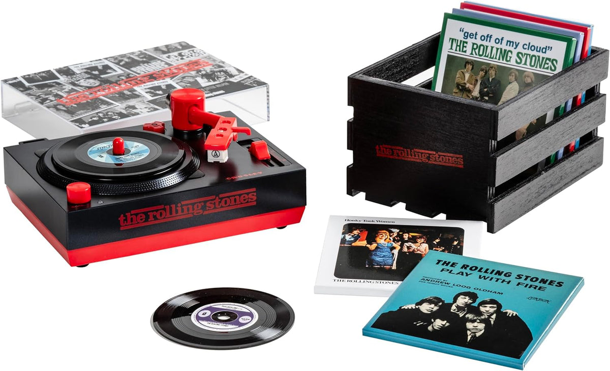 Crosley CR6037BT-RS Rolling Stones RSD3 Mini Turntable with Crate and Six 3-Inch Singles