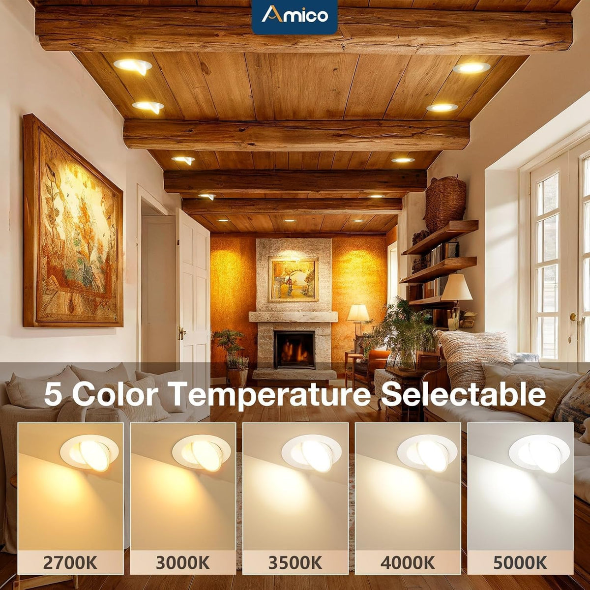 Amico 12 Pack 6 Inch 5CCT Gimbal LED Recessed Ceiling Light, 360°&90° Adjustable Eyeball Directional Can Lights, Dimmable Retrofit Wafer Downlight with Jbox, 12W 1200LM CRI90+, White, ETL&FCC