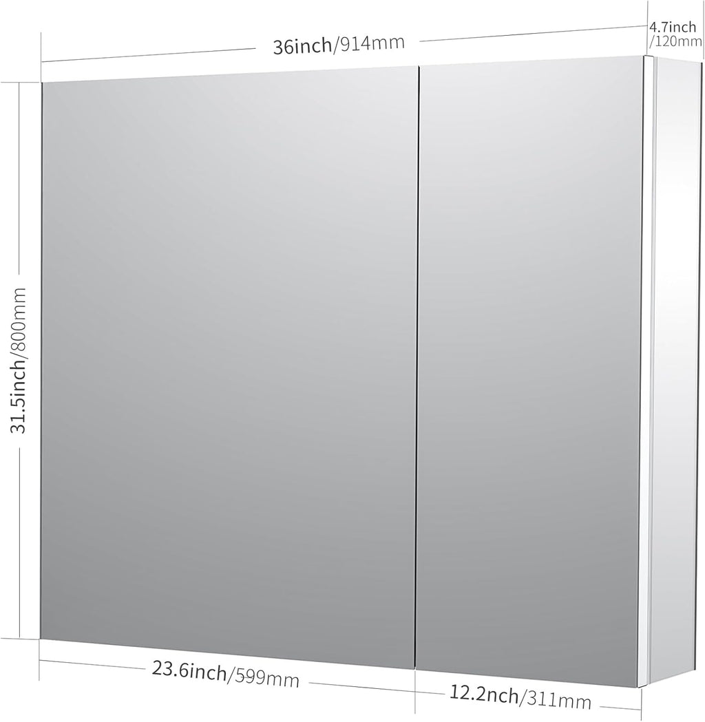 Sunrosa Medicine Cabinet with Mirror, 36" W x 31.5" H, 2 Asymmetrical Doors, Wall-Mounted & Recessed Bathroom Medicine Cabinet with Tempered Glass Mirror