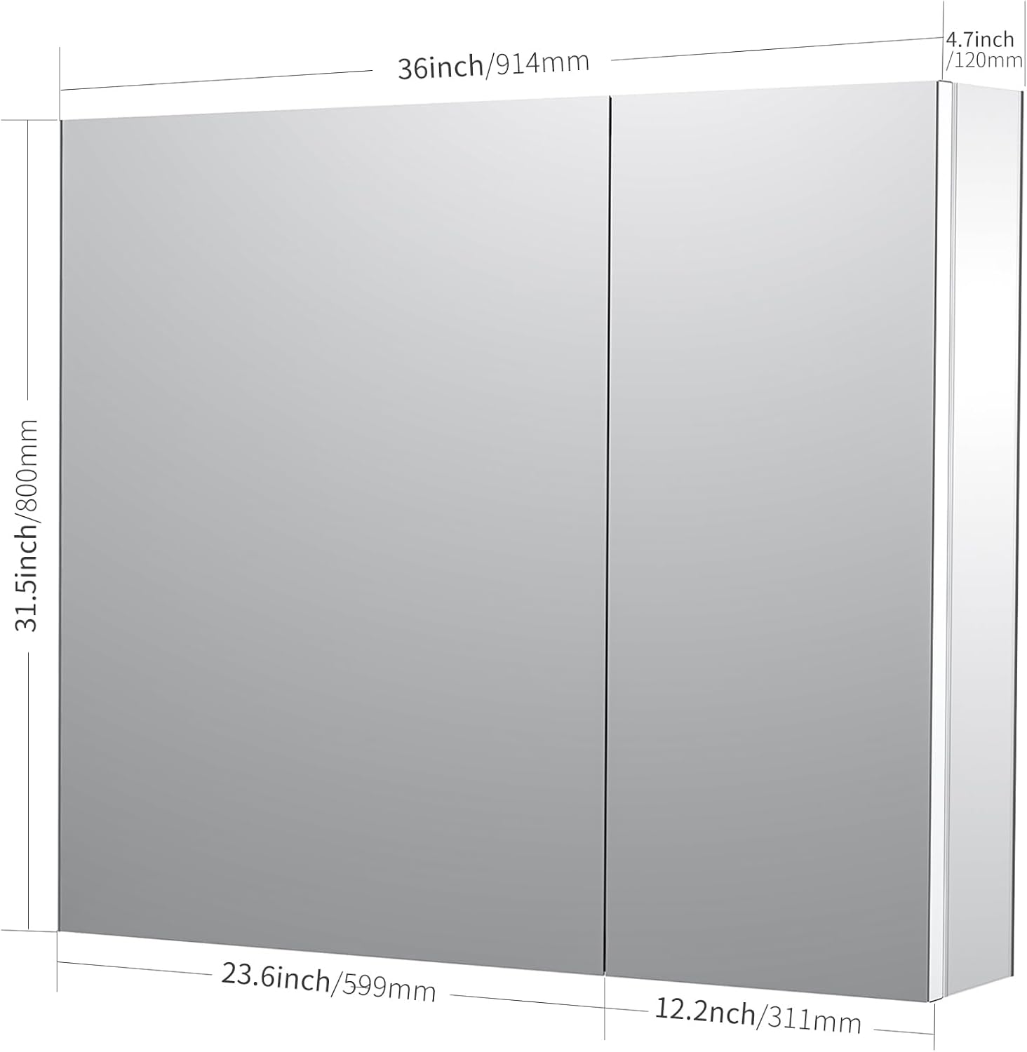 Sunrosa Medicine Cabinet with Mirror, 36" W x 31.5" H, 2 Asymmetrical Doors, Wall-Mounted & Recessed Bathroom Medicine Cabinet with Tempered Glass Mirror