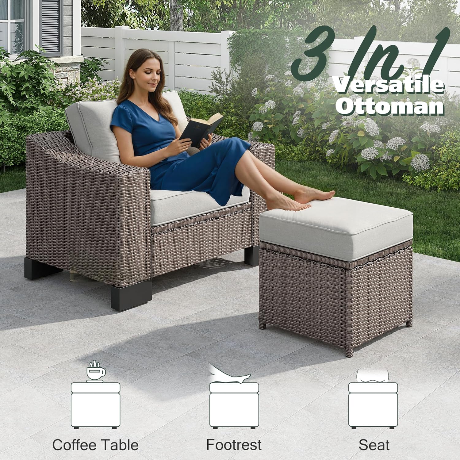8 Piece Patio Furniture Set, Wicker Patio Conversation Set with 5.9" Wide Armrest, Waterproof Cushions & Ottomans with Modular Outdoor Couch for Backyard, Deck, Garden
