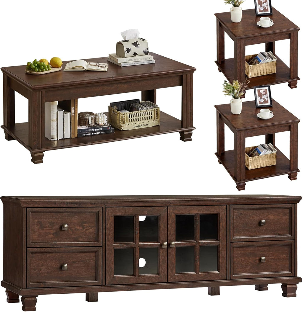 SAVOR LIFE Farmhouse TV Stand and Coffee Table Set 4, Rustic Wood Living Room Table Set with TV Console, Center Table, End Table Set of 2 for Living Room, Walnut