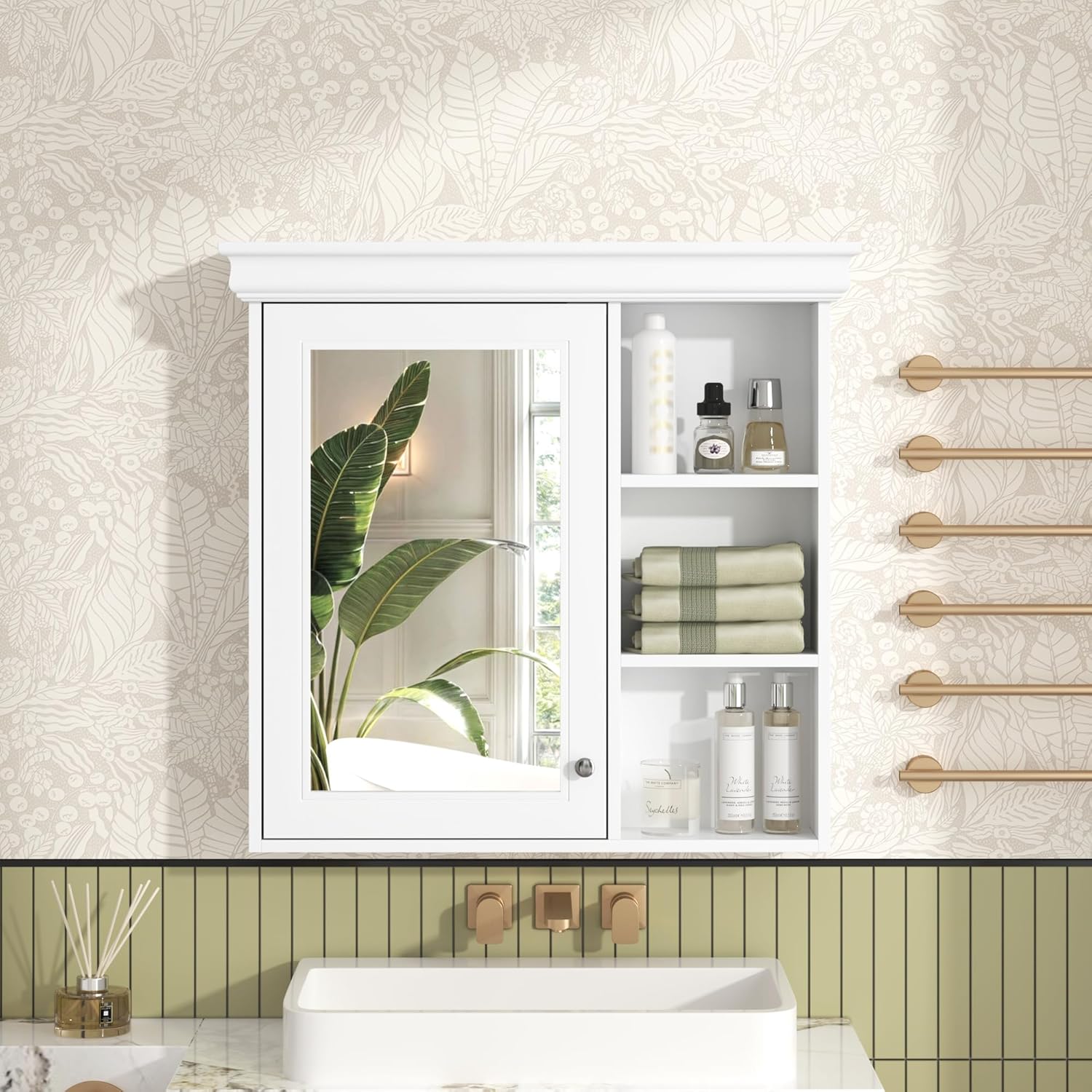 Merax Modern Bathroom Medicine Cabinet with Mirror, 30" x 28" Wall Mounted White Medicine Cabinet with Storage and Open Shelves,Over The Toilet Mirrored Bathroom Storage Wall Cabinet