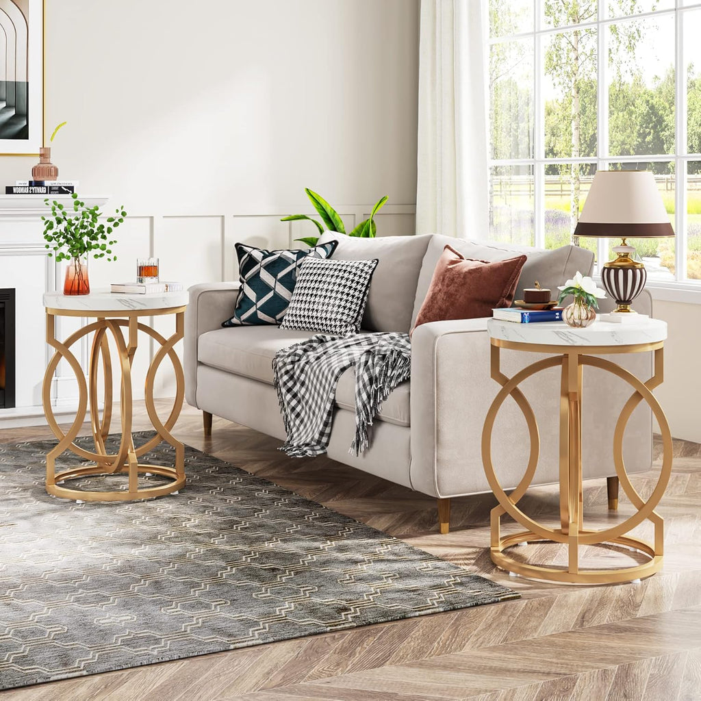 Tribesigns Modern Round End Table Set of 2 with Thickened Tabletop, 20" Gold Side Table with Unique O-Shaped Metal Base, Midcentury Nightstand for Living Room Bedroom, White + Gold