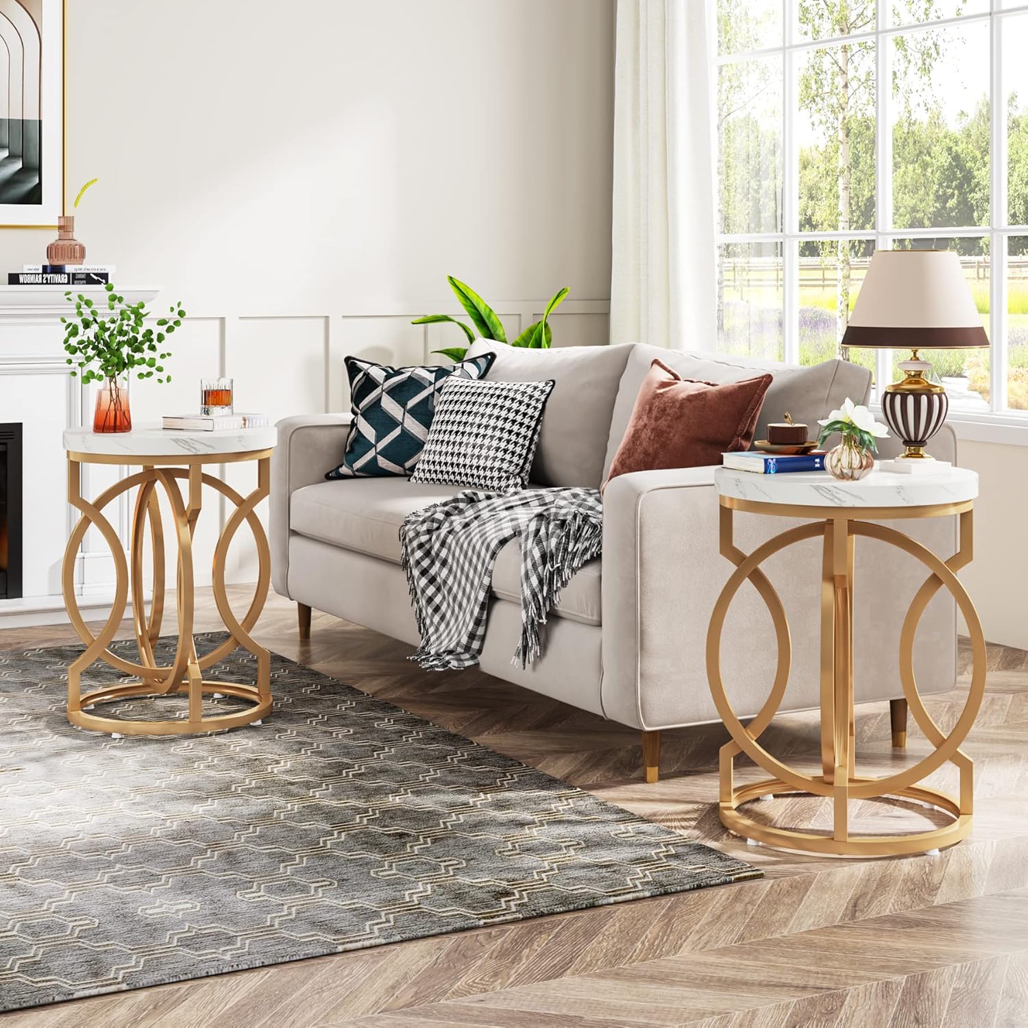Tribesigns Modern Round End Table Set of 2 with Thickened Tabletop, 20" Gold Side Table with Unique O-Shaped Metal Base, Midcentury Nightstand for Living Room Bedroom, White + Gold