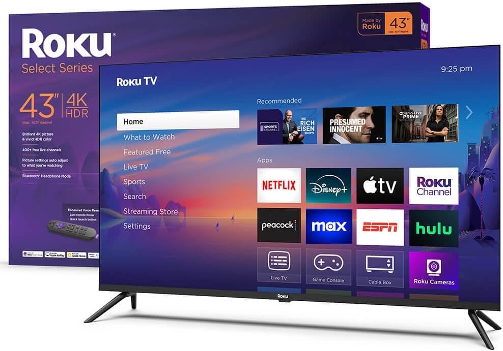 Roku Smart TV 43-Inch Select Series, 4K HDR TV – Roku TV with Roku Remote – Flat Screen LED Television with Wi-Fi for Streaming 43R4C4-2024 Model (Renewed)