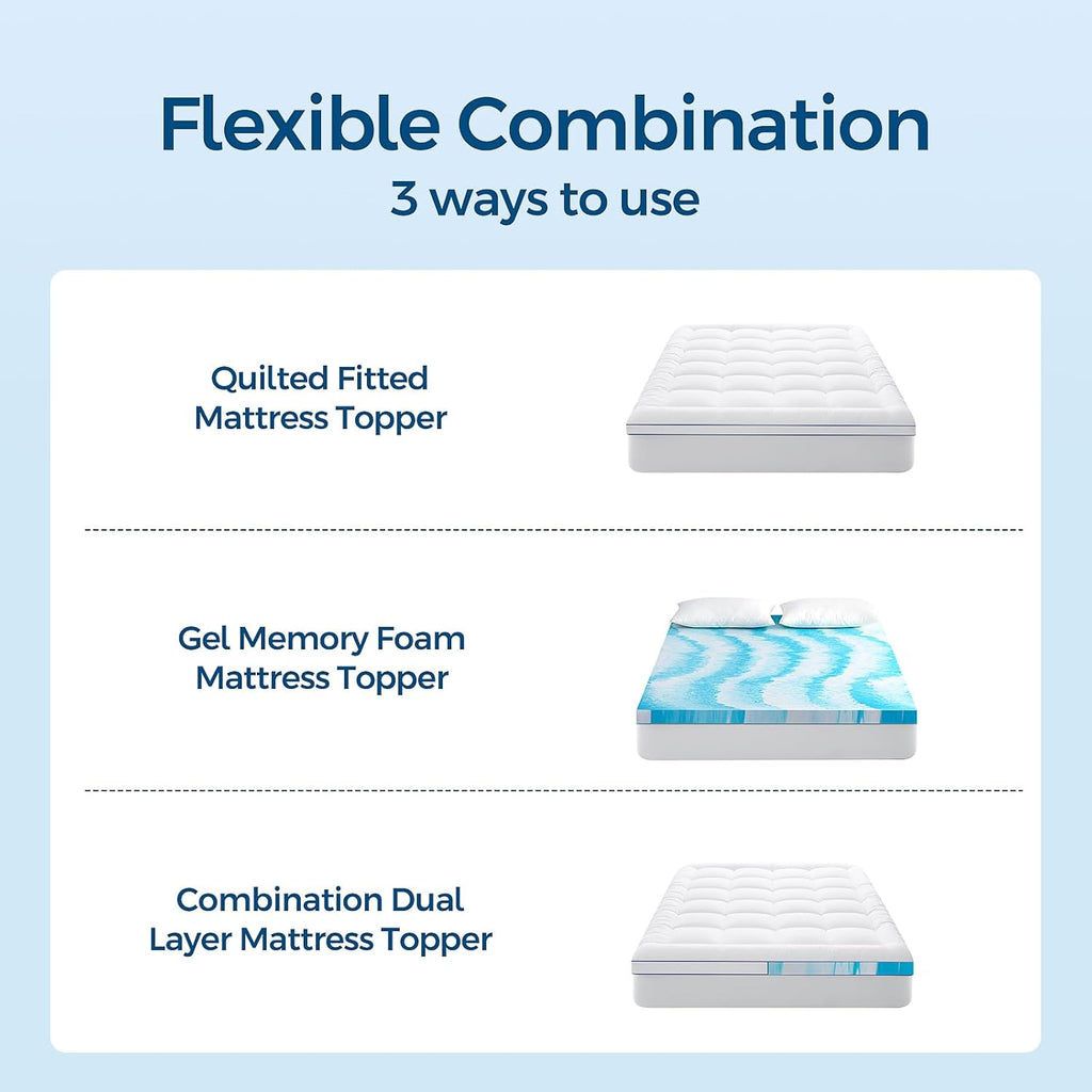 Premium Dual Layer 4 Inch Memory Foam Mattress Topper, 2 Inch Gel Memory Foam and 2 Inch Pillow Top Mattress Pad Cover for Back Pain, Extra Thick Comfort Support（Queen 60"x80"）