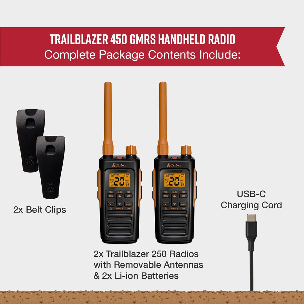Cobra TrailBlazer 450 GMRS Radio (2-Pack) – IP54 Weather Resistant, 16hr Battery, 2.5W Long Range Walkie Talkies, Large LCD Display, NOAA, Programmable Software, Removable Antenna, Repeater Capable