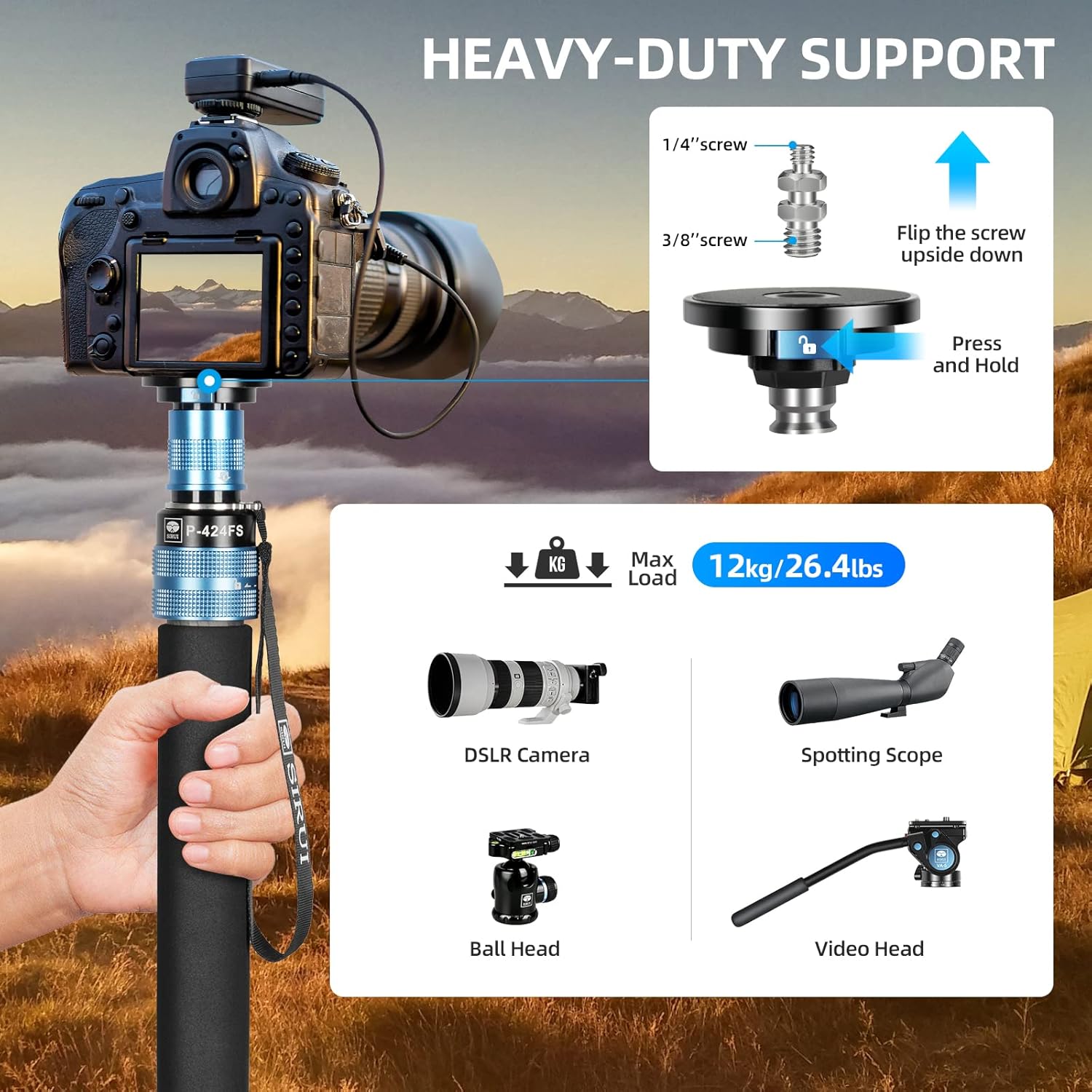 SIRUI P-424FS Carbon Fiber Camera Monopod Kit, 66.3" Heavy Duty Professional Video Monopod with VA-5 Fluid Video Head, Tripod Base, Flip Locks for DSLR Camera