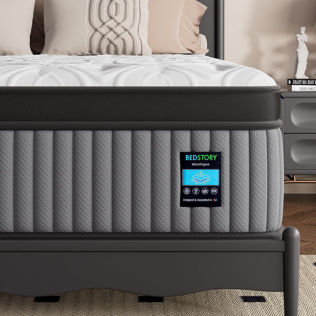 BedStory Medium Firm Queen Mattress 14 Inch, Deep Sleep Hybrid Mattresses 7-Zone Pain Relief - Extra Firm Bed in a Box - Fiberglass Free, CertiPUR-US Certified, 365-Night Trial, 10 Years Warranty