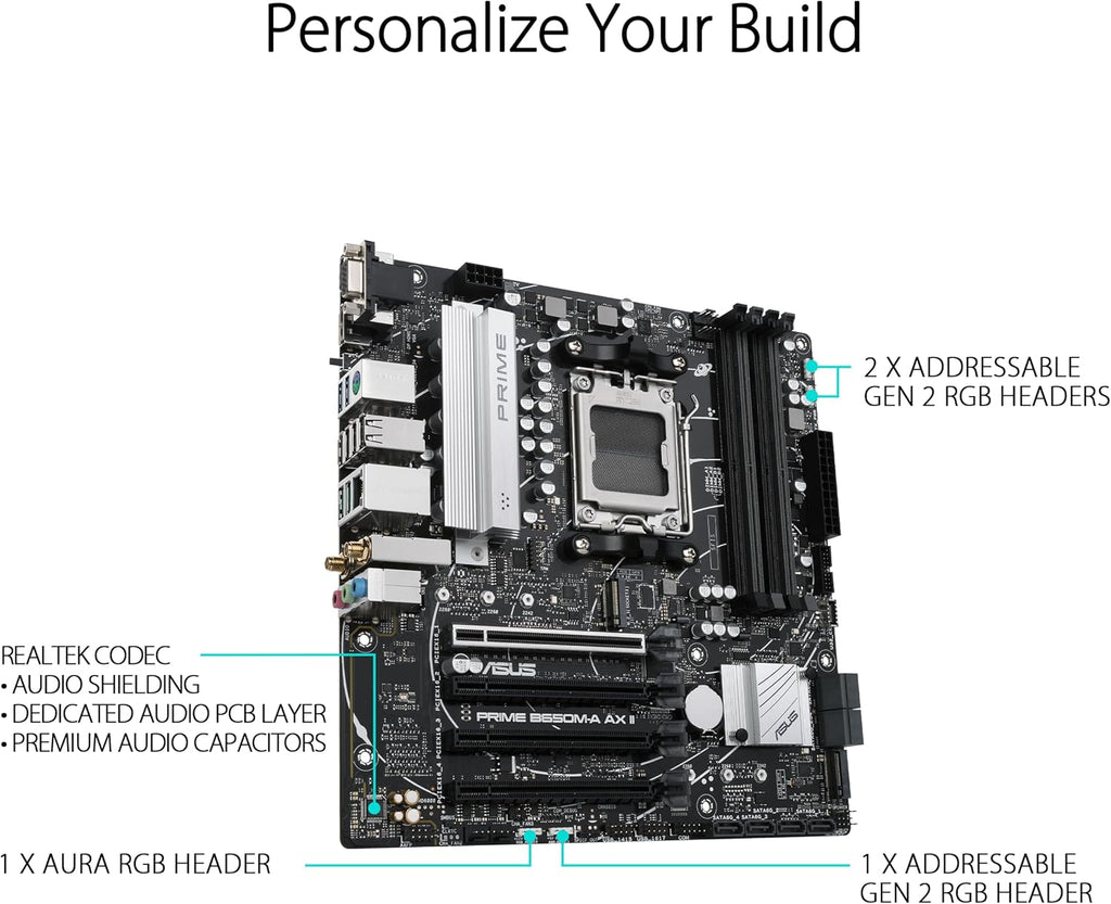 ASUS Prime B650M-A AX II AMD B650 AM5 Ryzen™ Desktop 9000 8000 & 7000 Micro-ATX mATX Motherboard, DDR5, PCIe 5.0 M.2, 2.5Gb LAN, Wi-Fi 6, DisplayPort, HDMI®, BIOS Flashback™ (Renewed)