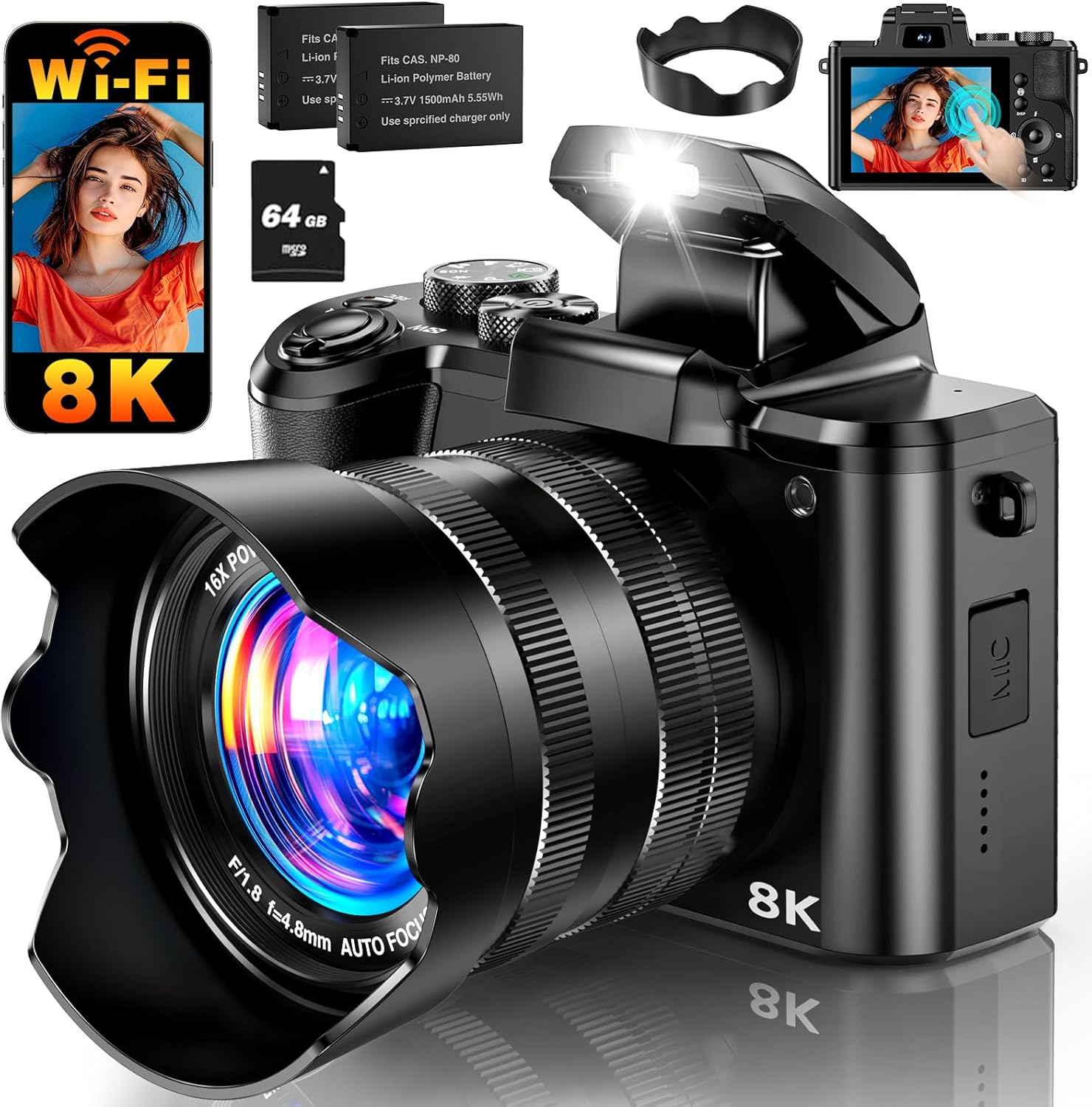 8K Digital Camera, 88MP WiFi Cameras for Photography with 3.2" Touchscreen, 16X Zoom Autofocus Professional Dual Camera, Anti-Shake, 2 Batteries, 64GB Card, Flash, Lens Hood