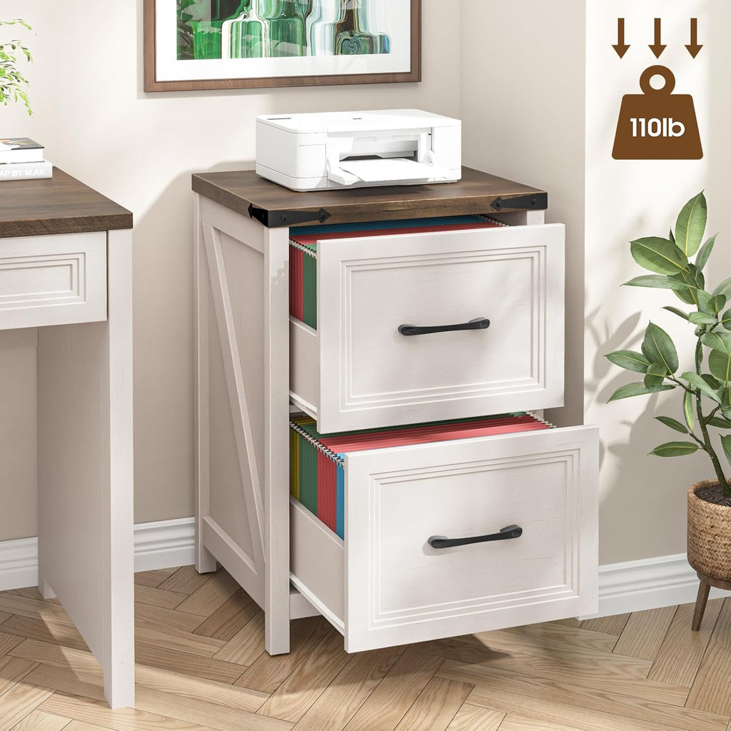 Vabches 2 Drawer Vertical File Cabinet, Wood Farmhouse Filing Cabinet Fits A4/Letter Size, Under Desk Small File Cabinets Printer Stand with Storage for Home Office, White and Brown