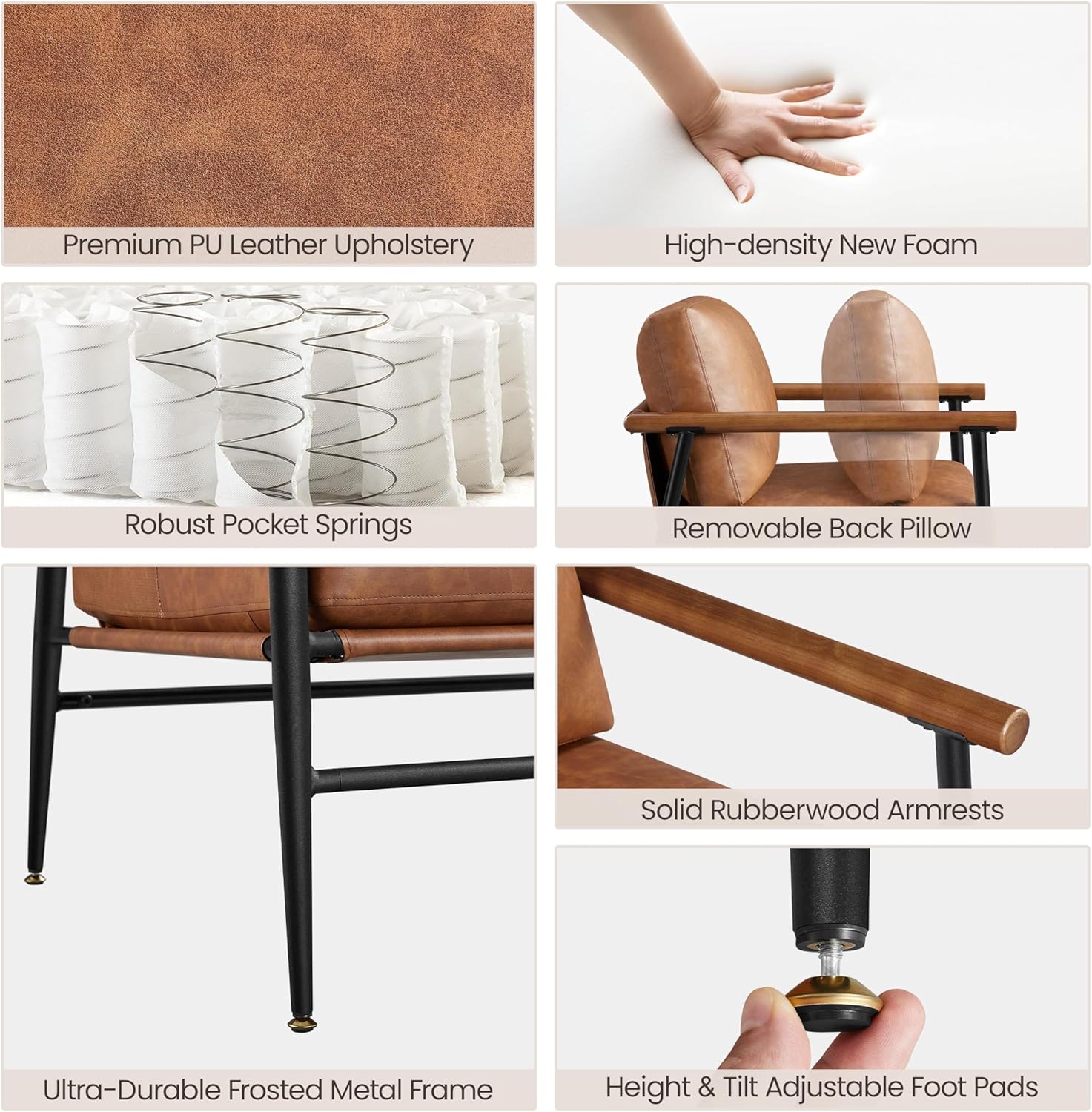 Yaheetech Accent Chair Set of 2, PU Leather Living Room Chair Back Pillow Modern Lounge Chair Wooden Arms Metal Frame Bedroom Waiting Room Retro Brown
