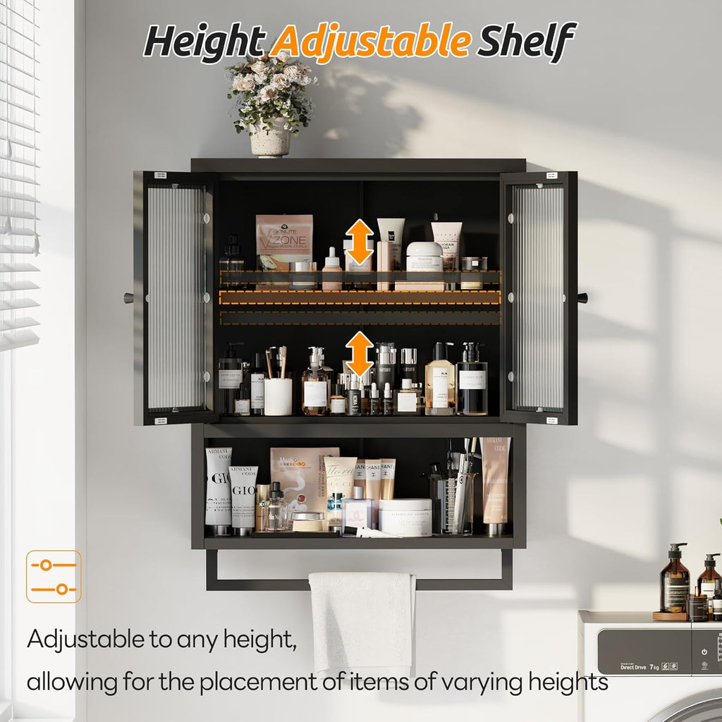 Bathroom Wall Cabinet, Over The Toilet Space Saver Storage Cabinet, Medicine Cabinet with 2 Glass Door and Towel Bar, Metal Wall Mounted Cabinet for Bathroom Laundry Room Kitchen