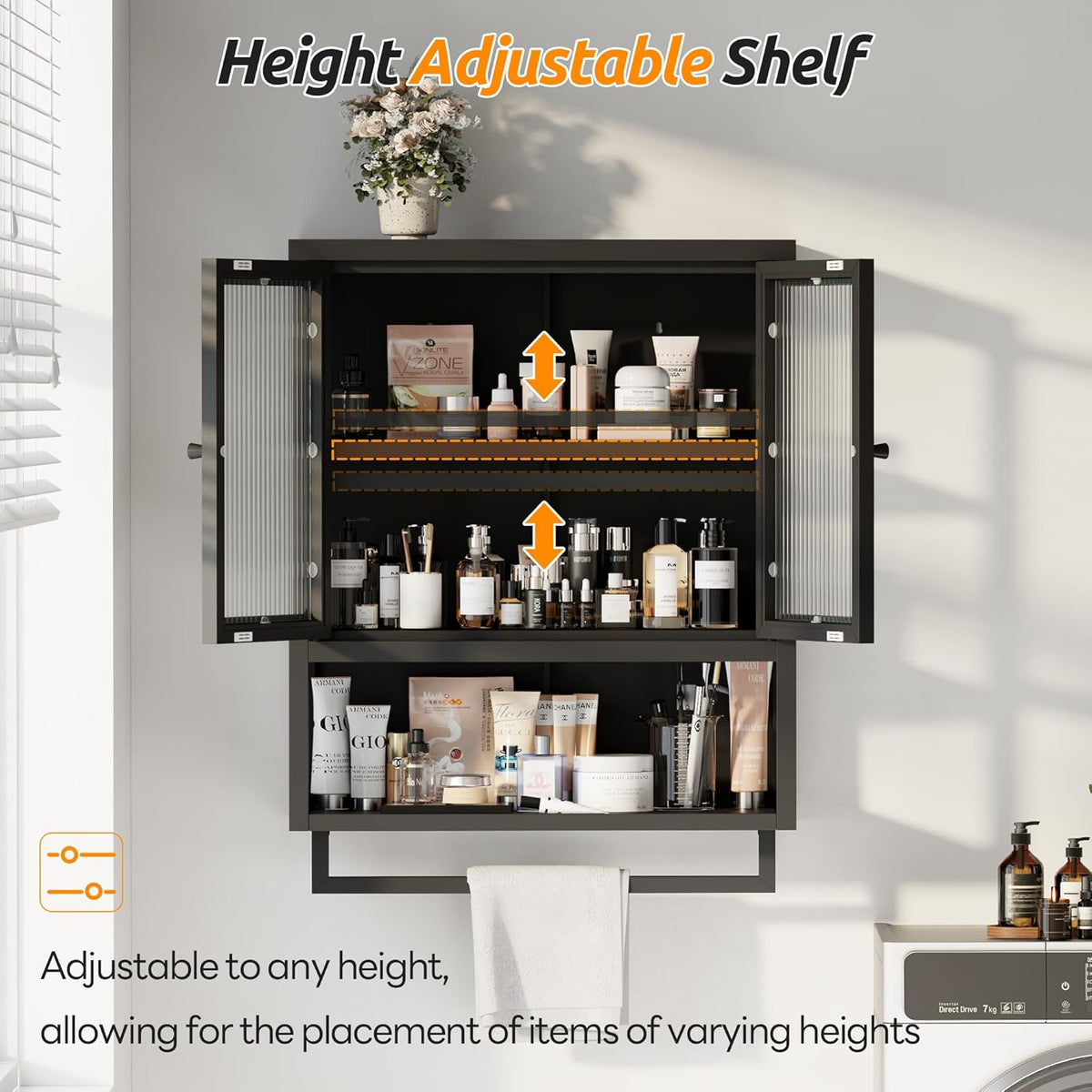 Bathroom Wall Cabinet, Over The Toilet Space Saver Storage Cabinet, Medicine Cabinet with 2 Glass Door and Towel Bar, Metal Wall Mounted Cabinet for Bathroom Laundry Room Kitchen