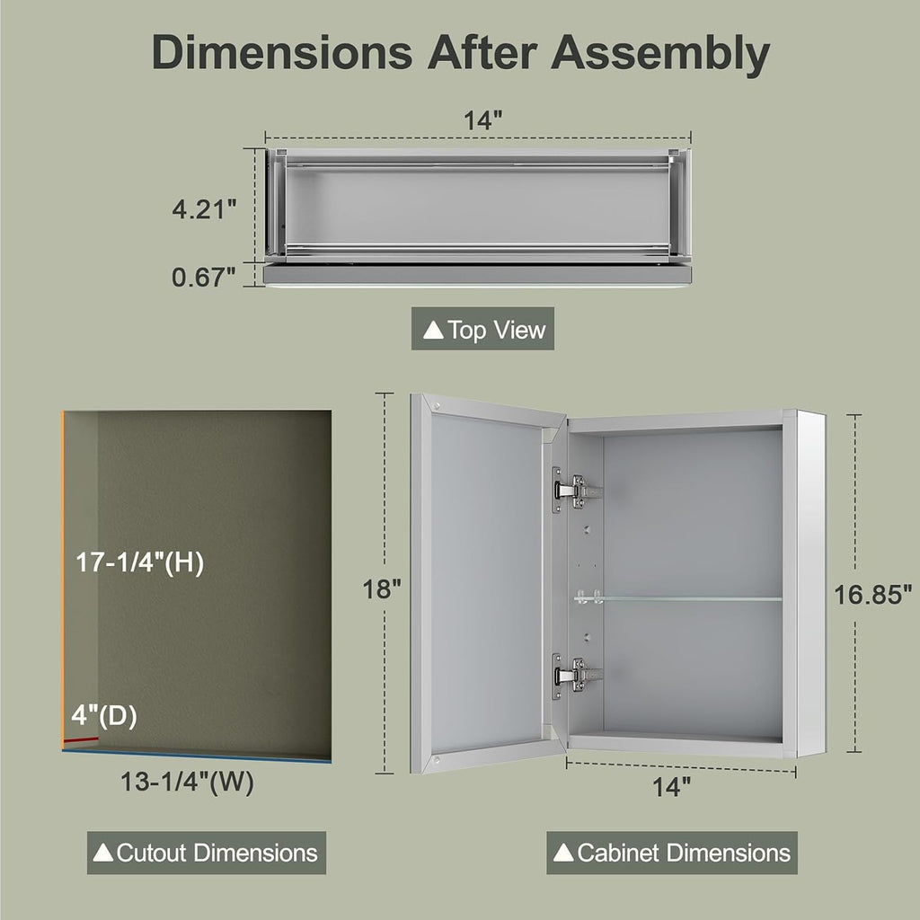 14x18 Inch Aluminum Medicine Cabinet with Beveled Mirror, Assembly Needed, Recessed or Wall Mount, 1 Adjustable Tempered Glass Shelf, Side Mirrors, Reversable Door, Rectangular Silver Edge