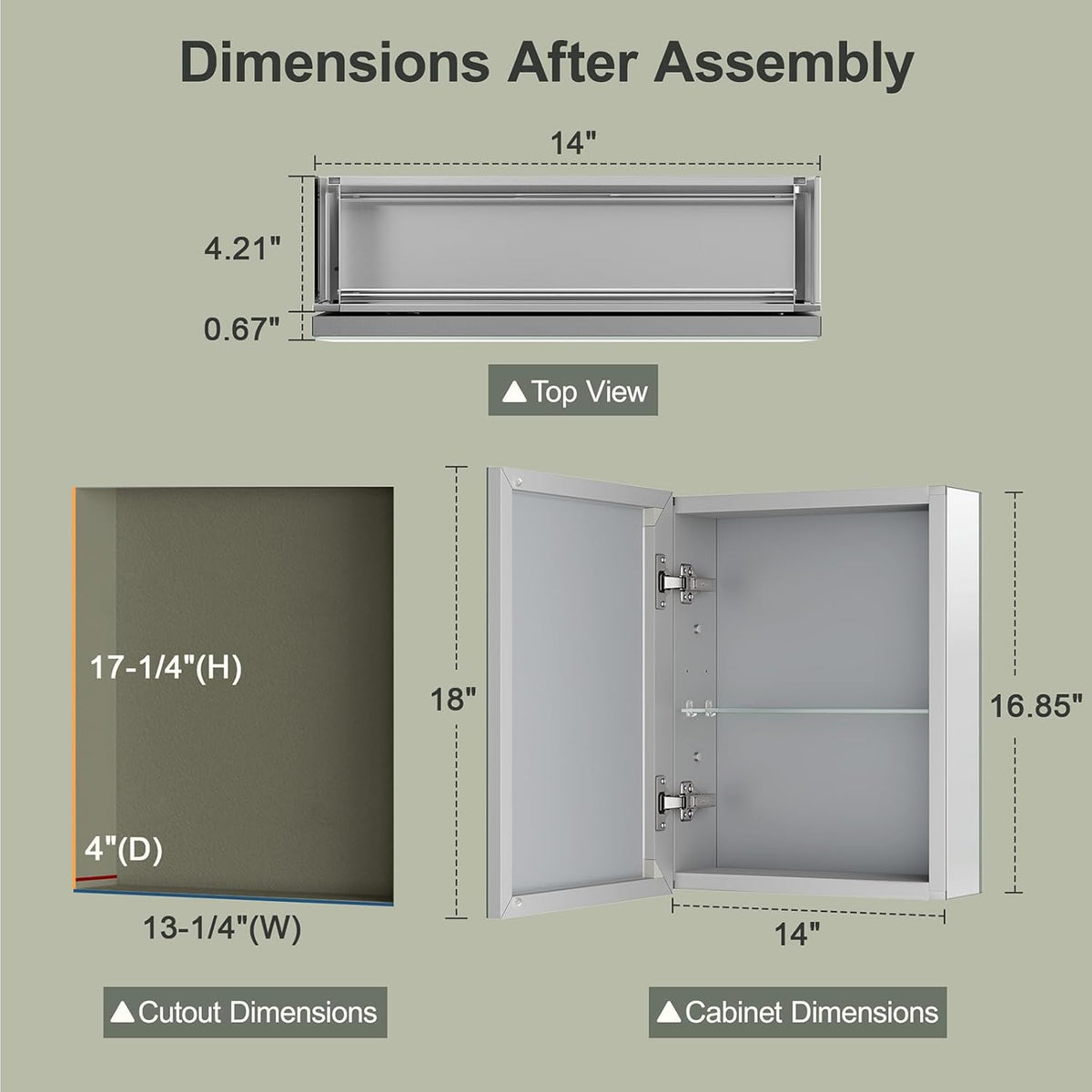 14x18 Inch Aluminum Medicine Cabinet with Beveled Mirror, Assembly Needed, Recessed or Wall Mount, 1 Adjustable Tempered Glass Shelf, Side Mirrors, Reversable Door, Rectangular Silver Edge