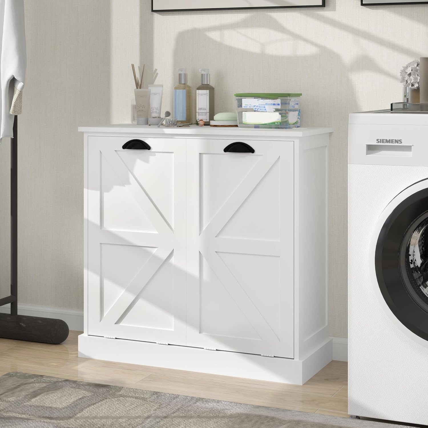 KEIKI White Tilt-Out Bathroom Laundry Sorter Cabinet with Dual Compartments & Removable Bags, Freestanding Hidden Hamper Storage with Anti-Tip Kit