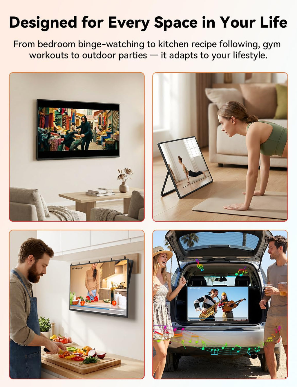 HotYeah Portable Smart TV, EDLA-Certified, 23.8" 1080P 2-in-1 Rolling TV & Monitor, w/Built-in 10000mAh Battery, Support Voice Control, USB-C & HDMI, 180° Adjustable Kickstand