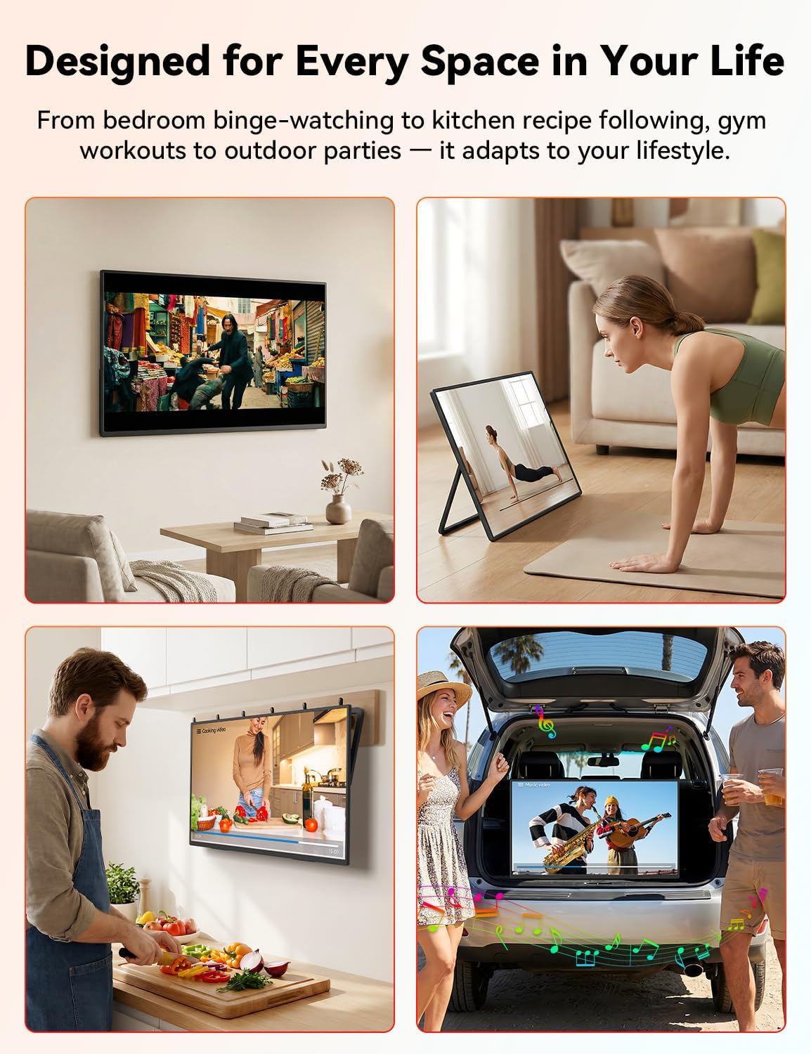 HotYeah Portable Smart TV, EDLA-Certified, 23.8" 1080P 2-in-1 Rolling TV & Monitor, w/Built-in 10000mAh Battery, Support Voice Control, USB-C & HDMI, 180° Adjustable Kickstand