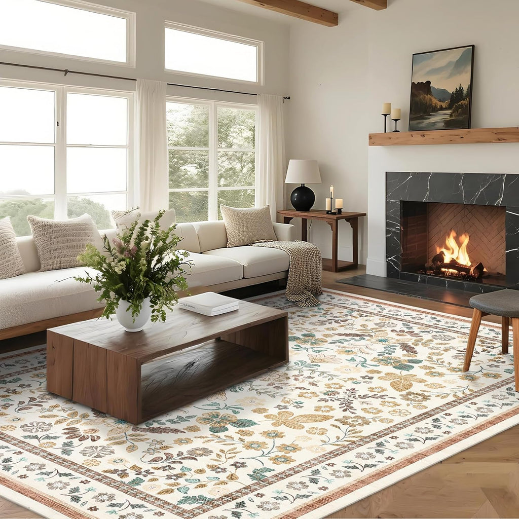 GarveeHome 10x14 Floral Area Rugs for Bedroom Machine Washable Boho Soft Non-Slip Backing Rugs Low Pile Stain Resistant Botanical Carpet for Living Room Farmhouse Dining Room Nursery Beige